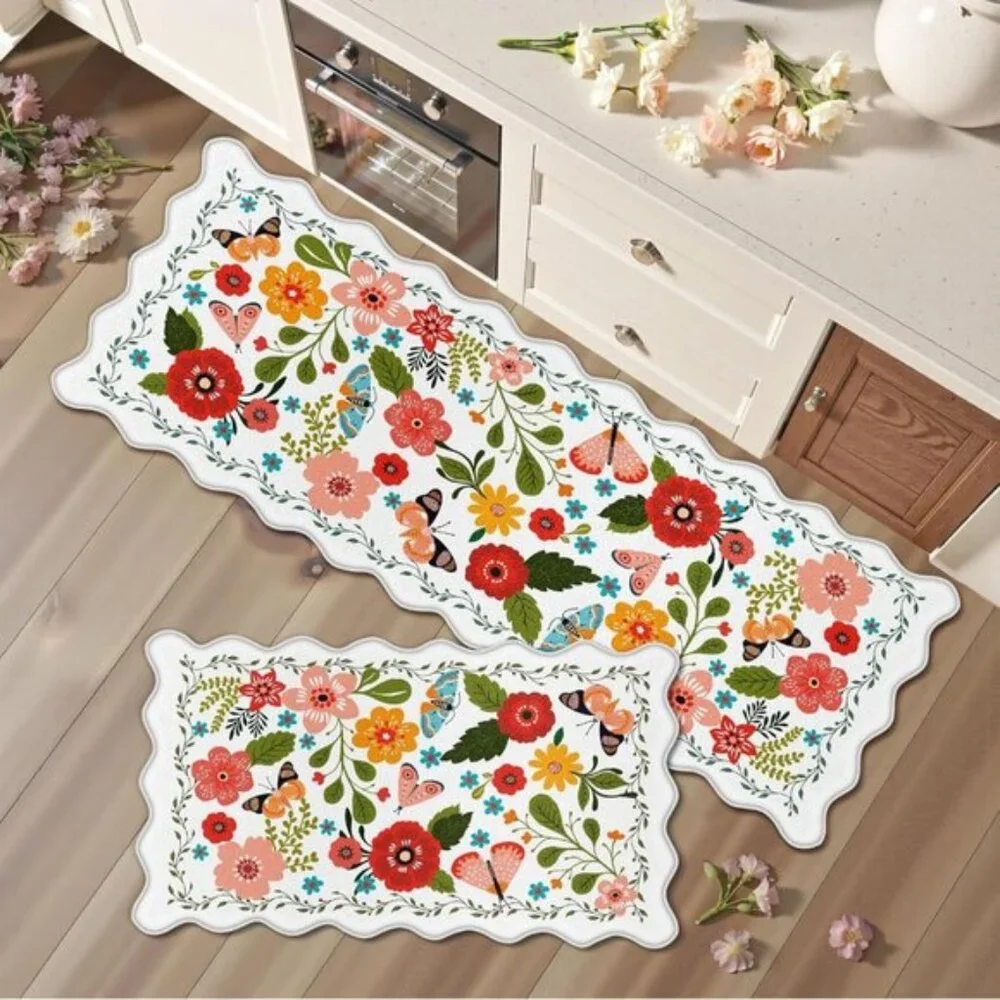 New 2Pcs Scalloped Kitchen Mats, Cushioned Non-Slip Waterproof Anti-Fatigue Rugs